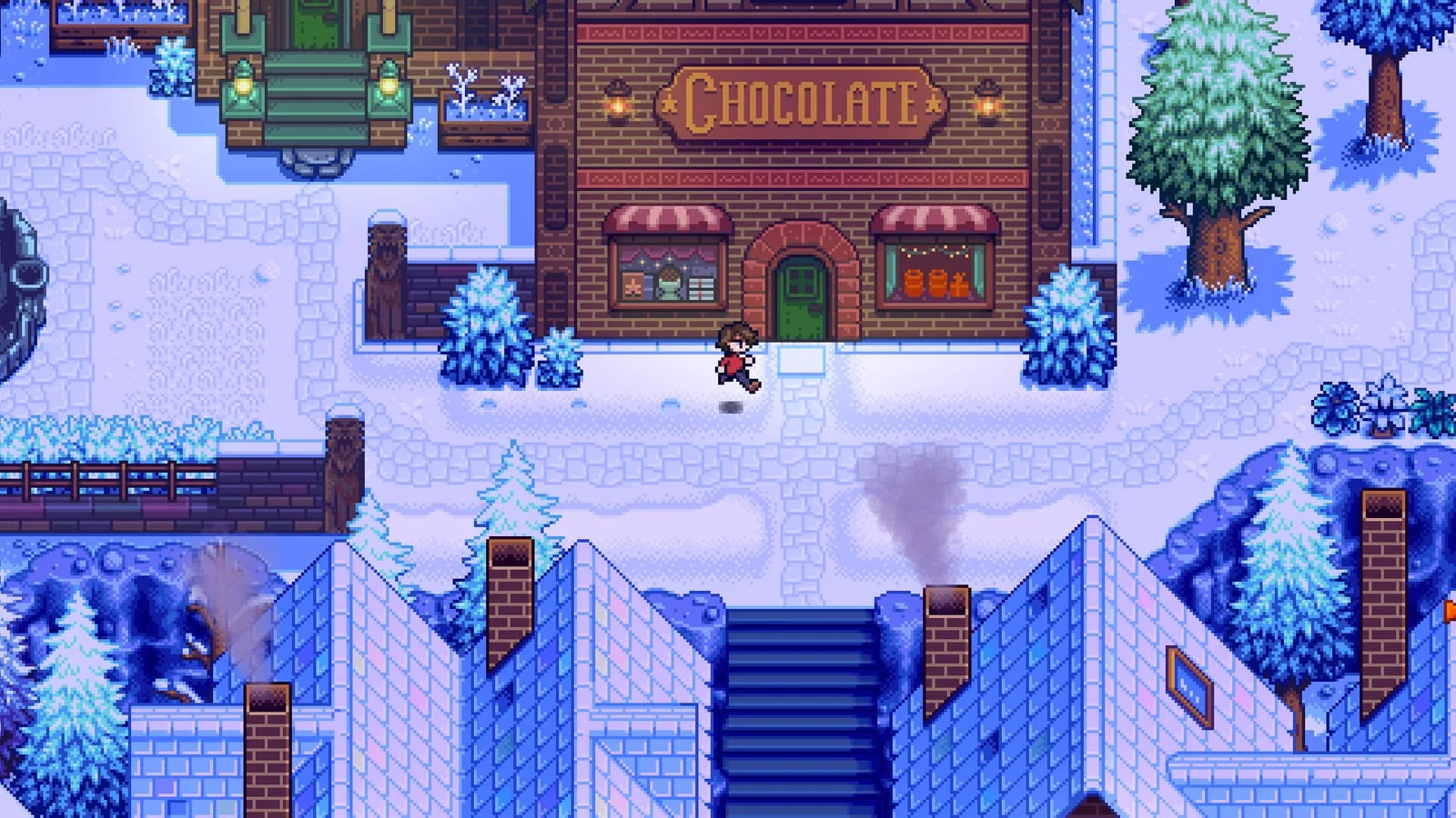 Arte oficial do jogo Haunted Chocolatier com visual pixelado em estilo top-down