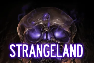Arte oficial do jogo Strangeland no Nintendo Switch mostrando uma figura sombria e cenário de terror psicológico