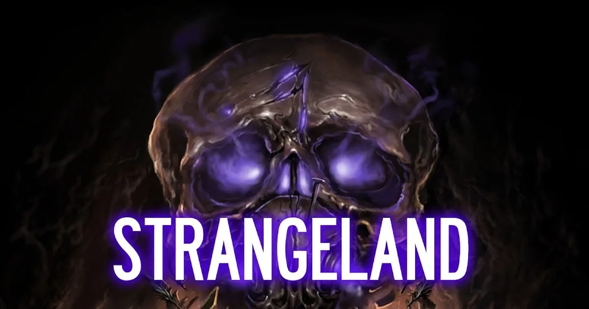 Arte oficial do jogo Strangeland no Nintendo Switch mostrando uma figura sombria e cenário de terror psicológico