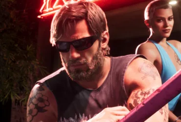 Arte promocional oficial de GTA 6 mostrando personagens e cenário detalhado