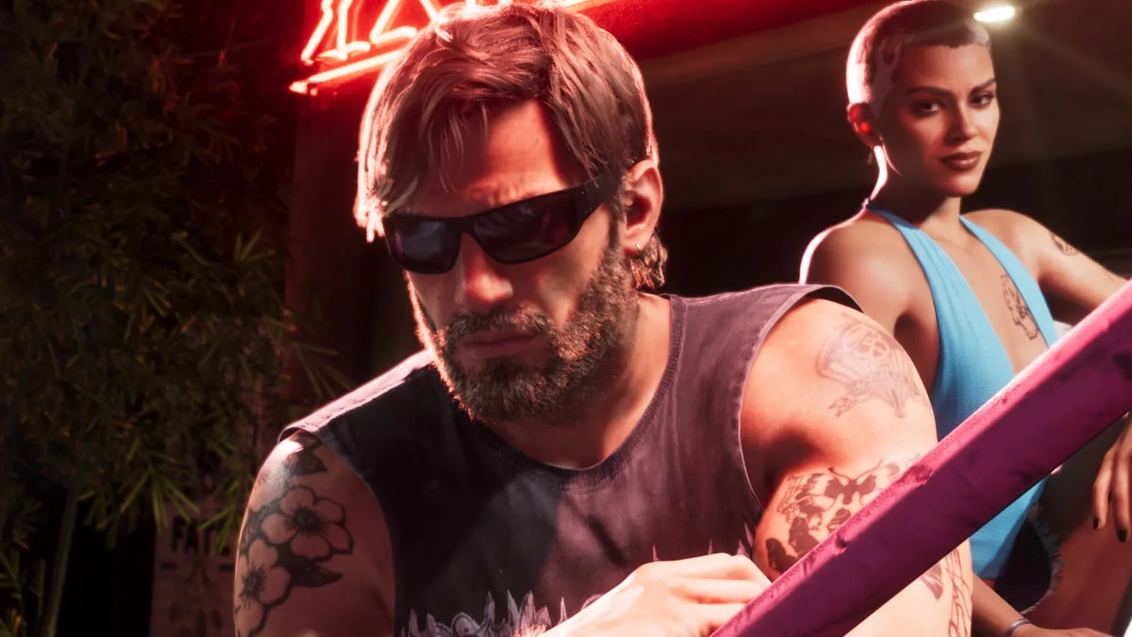 Arte promocional oficial de GTA 6 mostrando personagens e cenário detalhado