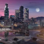 Captura de tela oficial de GTA 5 no PS5 mostrando Los Santos com gráficos aprimorados