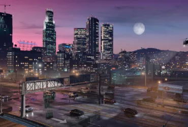 Captura de tela oficial de GTA 5 no PS5 mostrando Los Santos com gráficos aprimorados