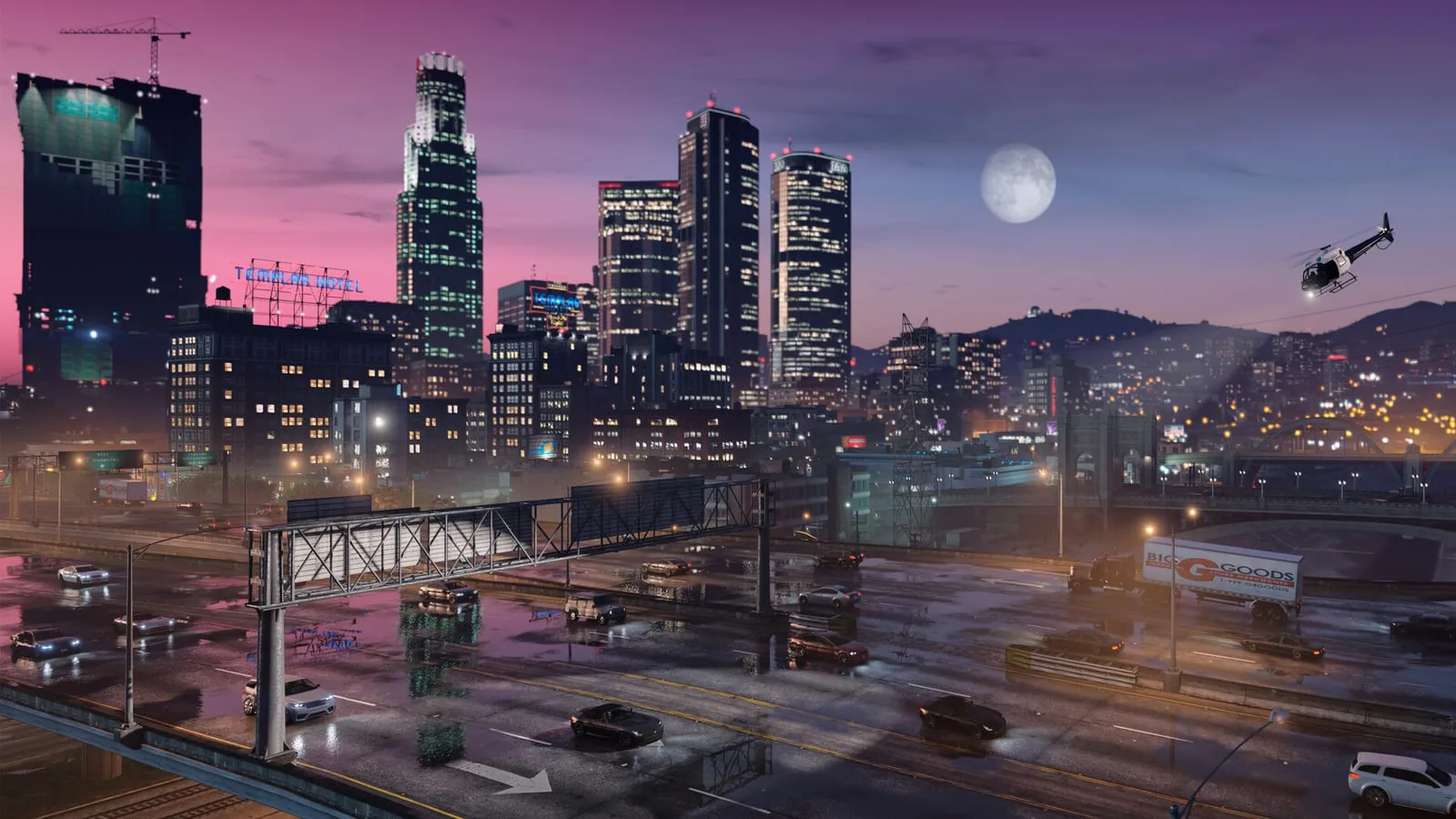 Captura de tela oficial de GTA 5 no PS5 mostrando Los Santos com gráficos aprimorados