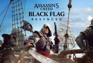 Cena de Assassin’s Creed Black Flag Resynced mostrando navio pirata e ilha caribenha com gráficos aprimorados no PS5 Pro