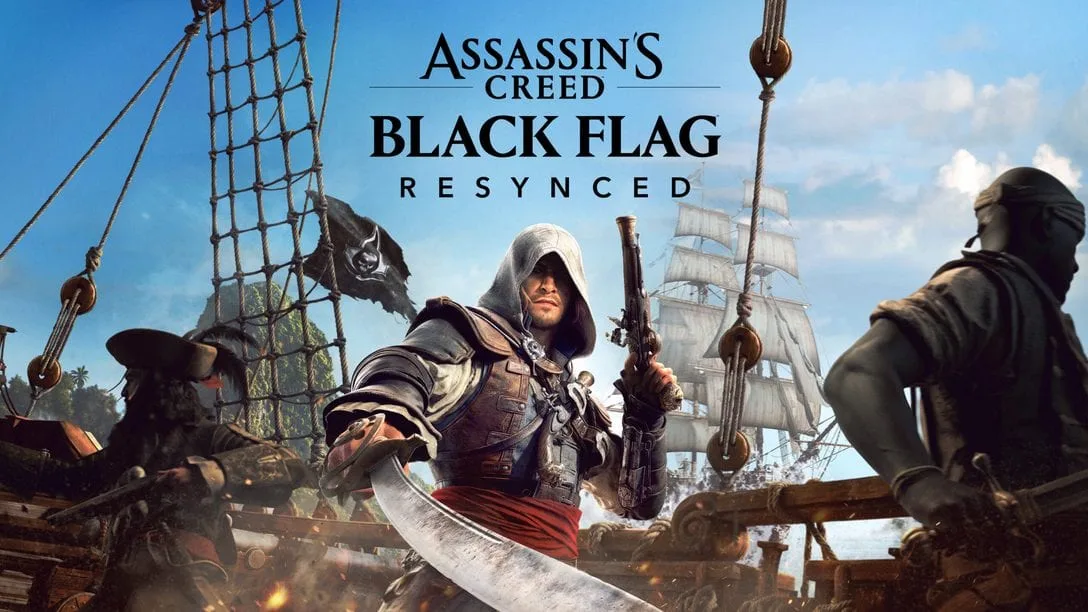 Cena de Assassin’s Creed Black Flag Resynced mostrando navio pirata e ilha caribenha com gráficos aprimorados no PS5 Pro