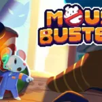 Cena de gameplay do jogo Mousebusters exibindo personagem pixel art enfrentando fantasmas