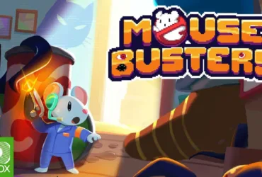 Cena de gameplay do jogo Mousebusters exibindo personagem pixel art enfrentando fantasmas