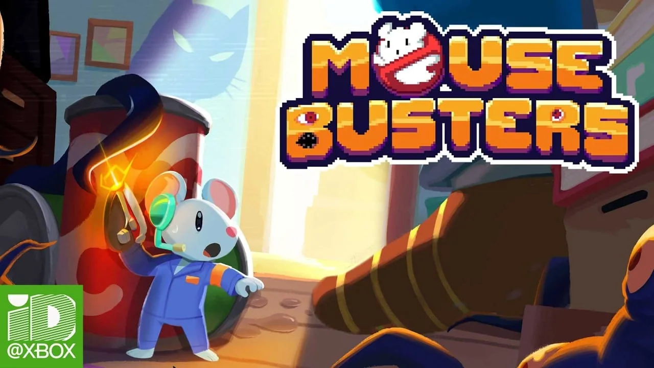 Cena de gameplay do jogo Mousebusters exibindo personagem pixel art enfrentando fantasmas