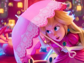 Cena do filme The Super Mario Galaxy Movie com Mario e Princesa Peach