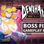 Cena do gameplay de Denshattack! mostrando uma luta contra chefe no PS5