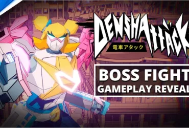 Cena do gameplay de Denshattack! mostrando uma luta contra chefe no PS5