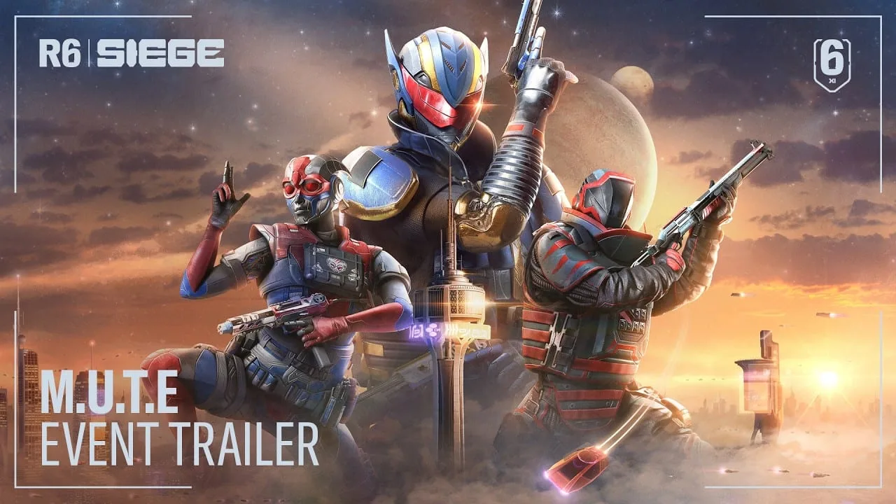 Cena do gameplay trailer de M.U.T.E Protocol: Flesh & Metal em Rainbow Six Siege mostrando operadores e equipamentos táticos