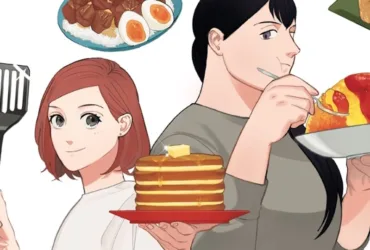 Cena do mangá She Loves to Cook, and She Loves to Eat mostrando duas personagens femininas em uma cozinha