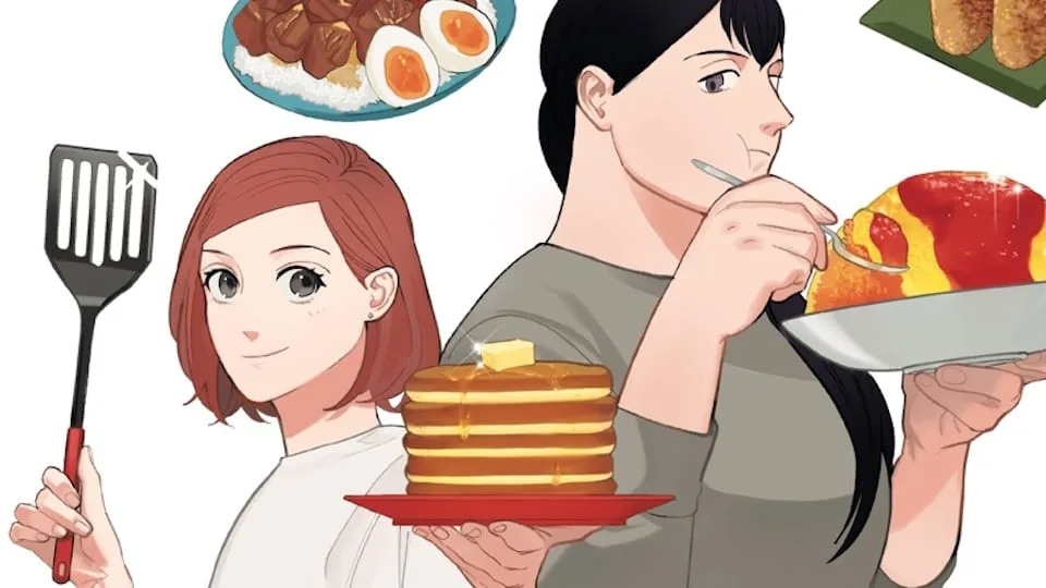Cena do mangá She Loves to Cook, and She Loves to Eat mostrando duas personagens femininas em uma cozinha