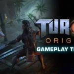 Cena do trailer de gameplay de Turok Origins mostrando personagem enfrentando dinossauros em ambiente selvagem