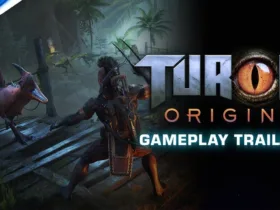Cena do trailer de gameplay de Turok Origins mostrando personagem enfrentando dinossauros em ambiente selvagem