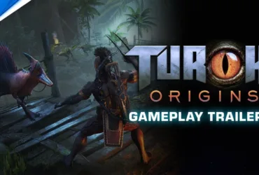 Cena do trailer de gameplay de Turok Origins mostrando personagem enfrentando dinossauros em ambiente selvagem
