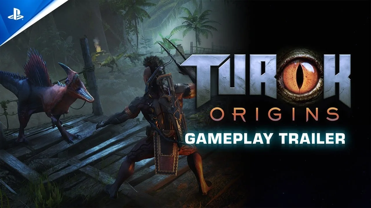 Cena do trailer de gameplay de Turok Origins mostrando personagem enfrentando dinossauros em ambiente selvagem