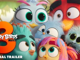 Cena do trailer de The Angry Birds Movie 3 com o bebê pássaro e Red