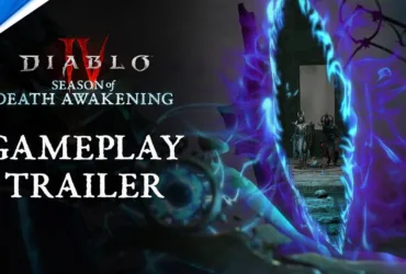 Cena do trailer oficial de Diablo IV Season of Death Awakening mostrando uma batalha intensa em ambiente sombrio