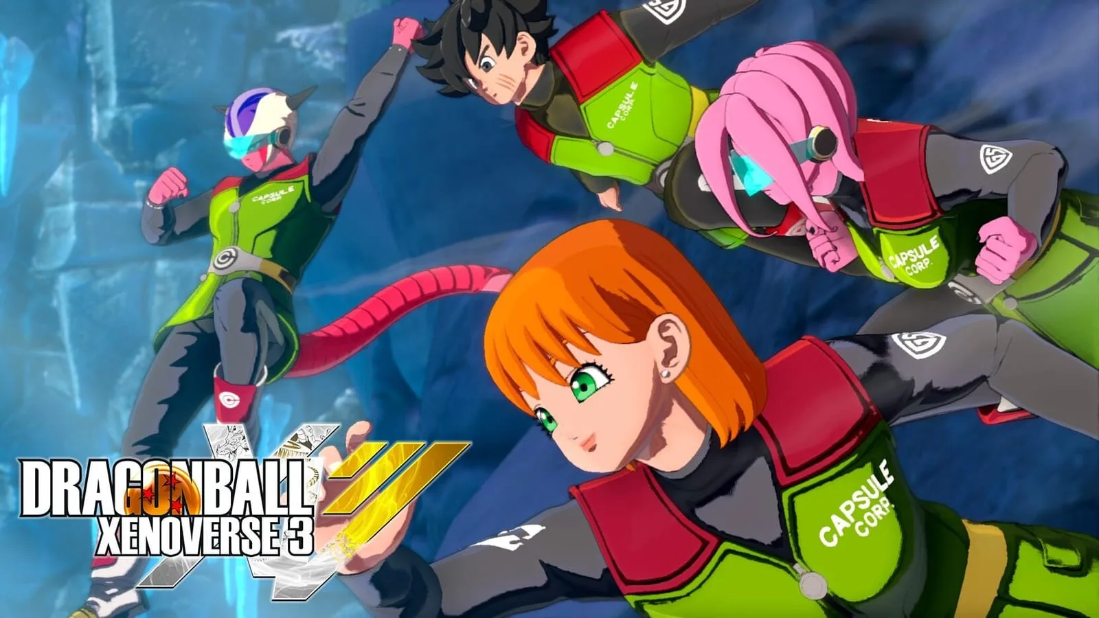 Cena do trailer oficial de Dragon Ball Xenoverse 3 mostrando Bulma e Gamma 1 em West City