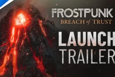 Cena do trailer oficial de Frostpunk 2 mostrando uma colônia congelada em meio à tempestade de neve