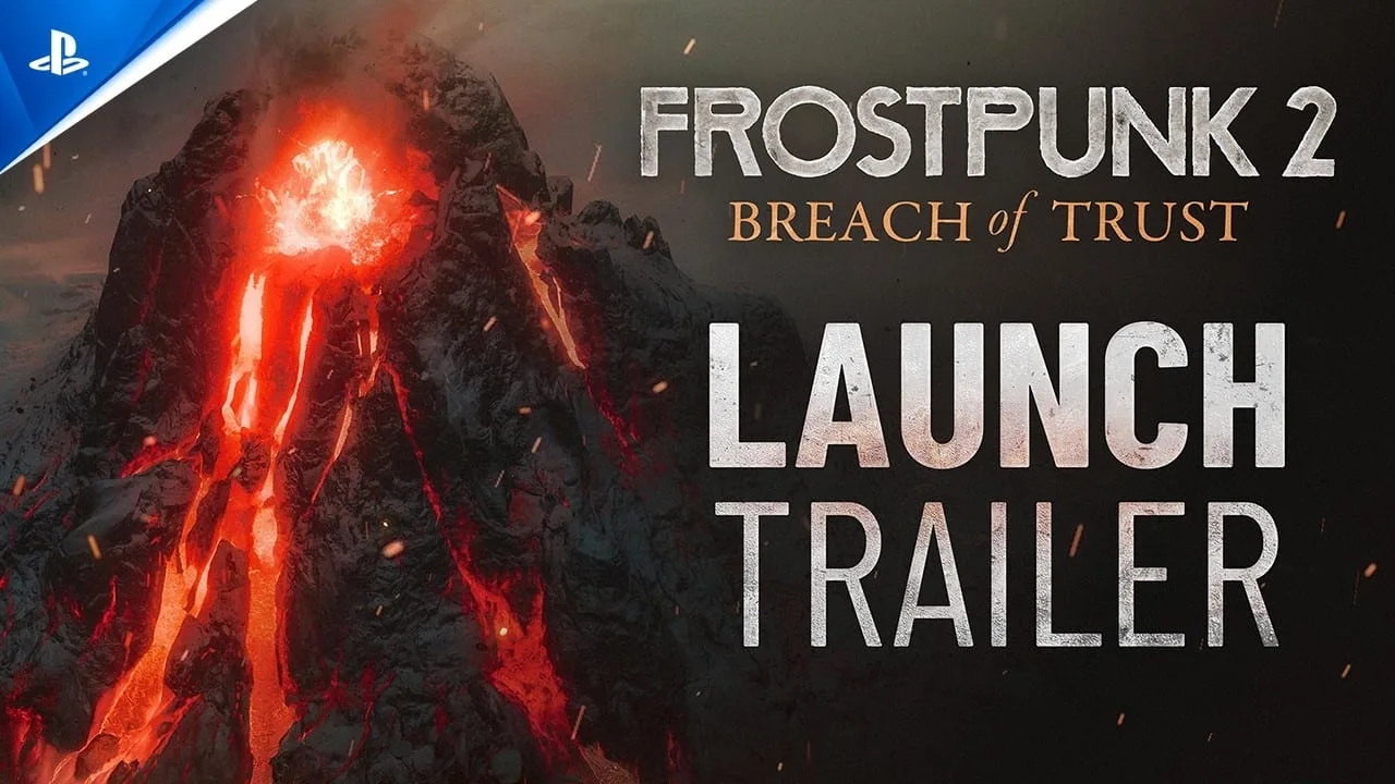 Cena do trailer oficial de Frostpunk 2 mostrando uma colônia congelada em meio à tempestade de neve