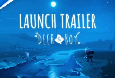 Cena do trailer oficial de lançamento de Deer & Boy no PS5 mostrando a dupla protagonista em ambiente de floresta