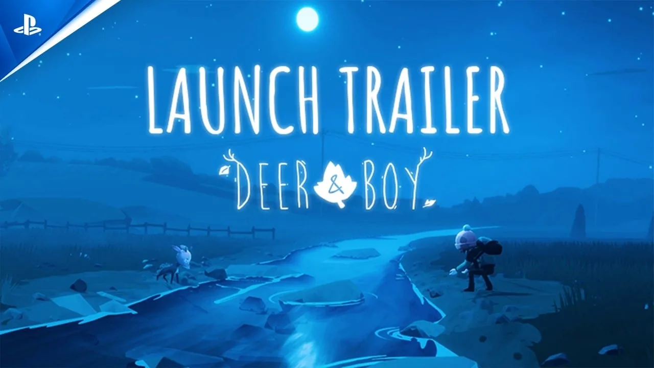 Cena do trailer oficial de lançamento de Deer & Boy no PS5 mostrando a dupla protagonista em ambiente de floresta