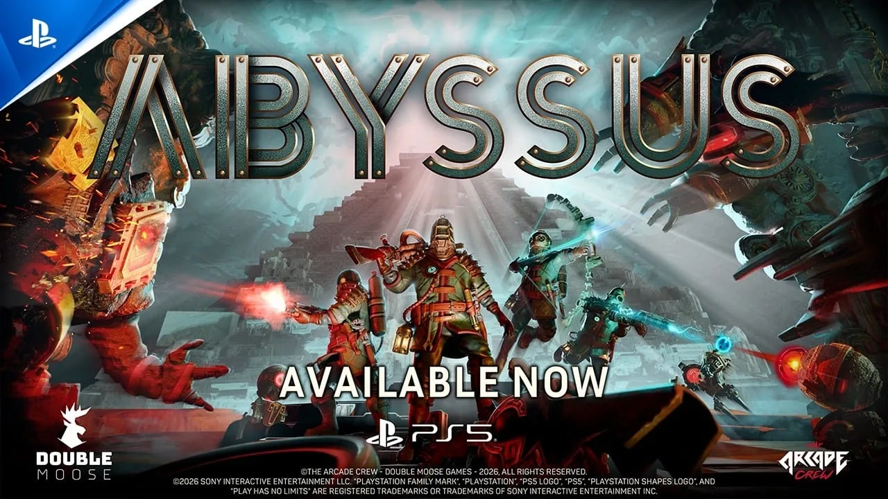 Cena do trailer oficial de lançamento do jogo Abyssus para PS5 mostrando combate em ambiente sombrio
