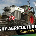 Cena do trailer oficial do Farming Simulator 25 SKY Agriculture Pack mostrando máquina agrícola em campo