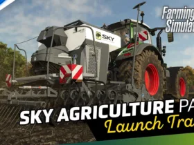 Cena do trailer oficial do Farming Simulator 25 SKY Agriculture Pack mostrando máquina agrícola em campo