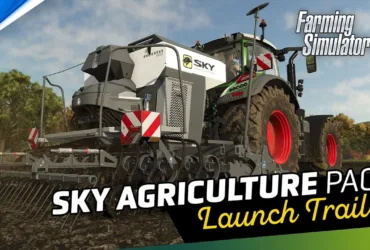 Cena do trailer oficial do Farming Simulator 25 SKY Agriculture Pack mostrando máquina agrícola em campo