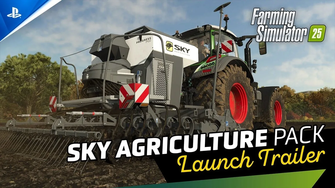 Cena do trailer oficial do Farming Simulator 25 SKY Agriculture Pack mostrando máquina agrícola em campo