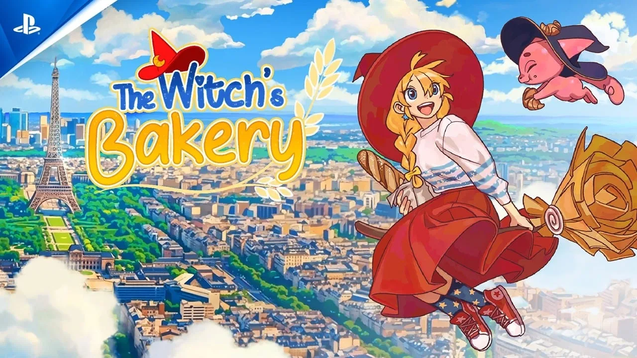 Cena oficial do trailer de lançamento de The Witch's Bakery para PS5 mostrando confeitaria mágica