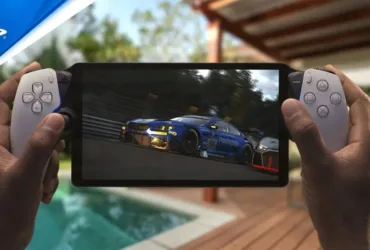 Dispositivo PlayStation Portal com imagem de jogo na tela