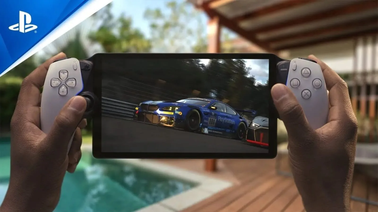 Dispositivo PlayStation Portal com imagem de jogo na tela