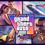Capa oficial de Grand Theft Auto VI com artes em estilo mosaico, personagens, veículos e o logo de GTA VI ao centro.