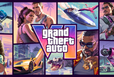 Capa oficial de Grand Theft Auto VI com artes em estilo mosaico, personagens, veículos e o logo de GTA VI ao centro.