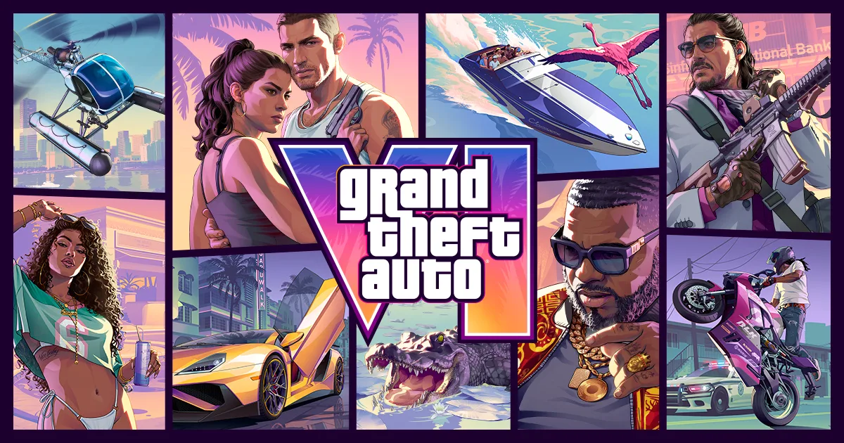 Capa oficial de Grand Theft Auto VI com artes em estilo mosaico, personagens, veículos e o logo de GTA VI ao centro.