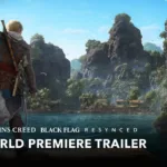 Imagem oficial de Assassin's Creed Black Flag Resynced mostrando Edward Kenway em meio ao oceano com o navio Jackdaw