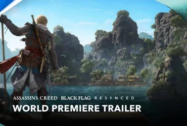 Imagem oficial de Assassin's Creed Black Flag Resynced mostrando Edward Kenway em meio ao oceano com o navio Jackdaw
