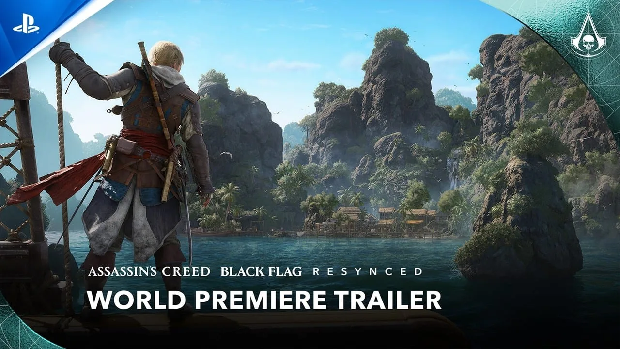 Imagem oficial de Assassin's Creed Black Flag Resynced mostrando Edward Kenway em meio ao oceano com o navio Jackdaw