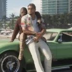Imagem oficial de GTA 6 mostrando personagens principais e o logo do jogo