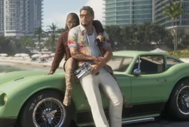 Imagem oficial de GTA 6 mostrando personagens principais e o logo do jogo