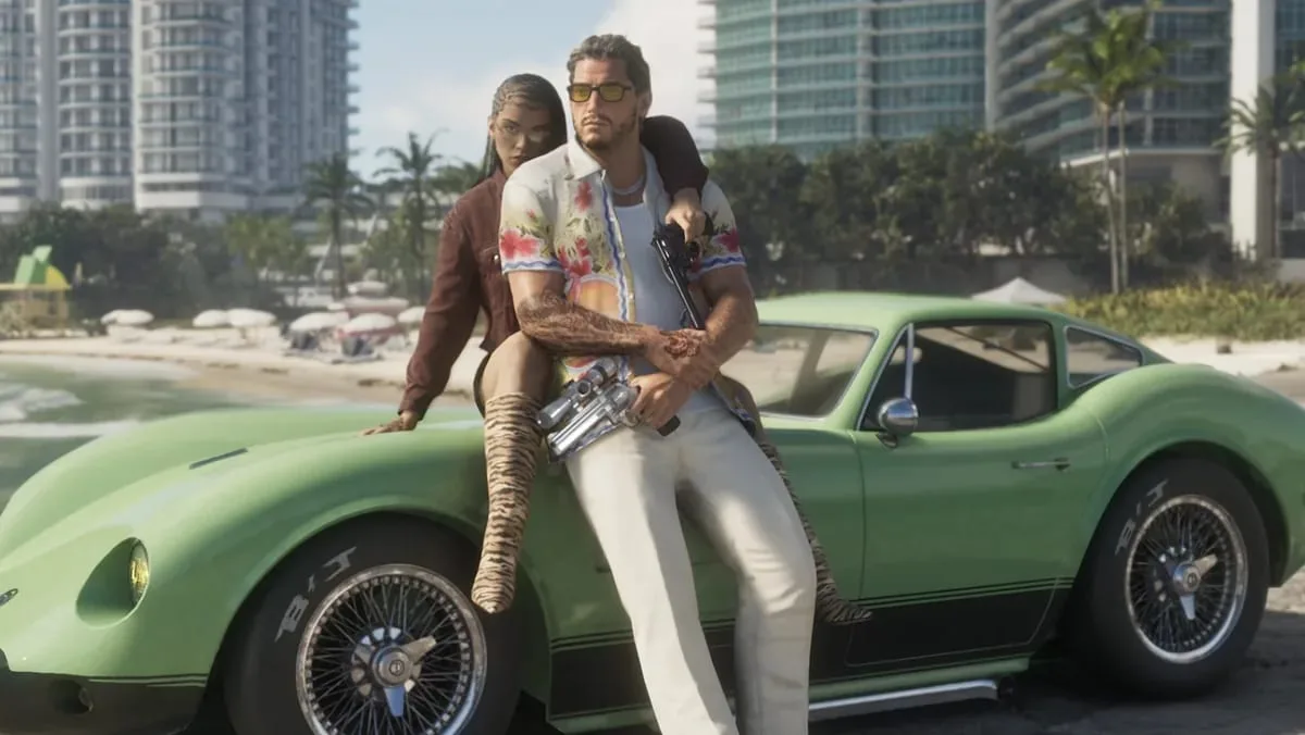 Imagem oficial de GTA 6 mostrando personagens principais e o logo do jogo