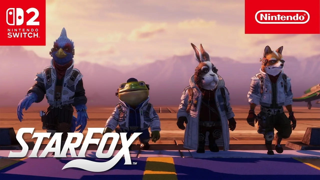 Imagem oficial do trailer de lançamento de Star Fox para Nintendo Switch 2 mostrando a nave espacial de Fox McCloud em combate