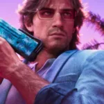 Imagem promocional de GTA 6 mostrando o logo do jogo em destaque com personagens ao fundo