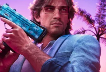 Imagem promocional de GTA 6 mostrando o logo do jogo em destaque com personagens ao fundo
